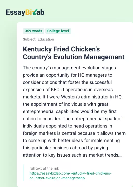 Kentucky Fried Chicken's Country's Evolution Management - Essay Preview