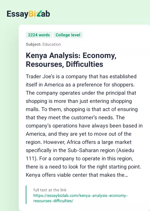 Kenya Analysis: Economy, Resourses, Difficulties - Essay Preview