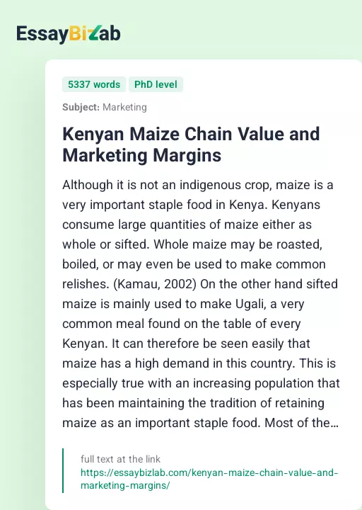 Kenyan Maize Chain Value and Marketing Margins - Essay Preview
