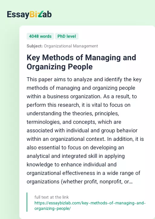 Key Methods of Managing and Organizing People - Essay Preview