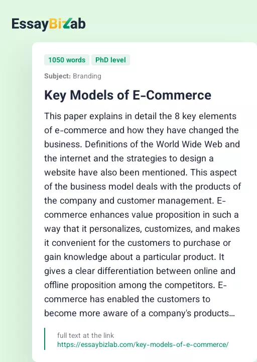 Key Models of E-Commerce - Essay Preview