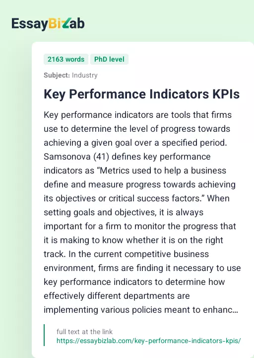 Key Performance Indicators KPIs - Essay Preview