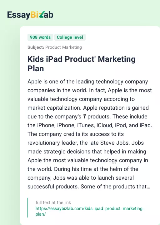 Kids iPad Product' Marketing Plan - Essay Preview