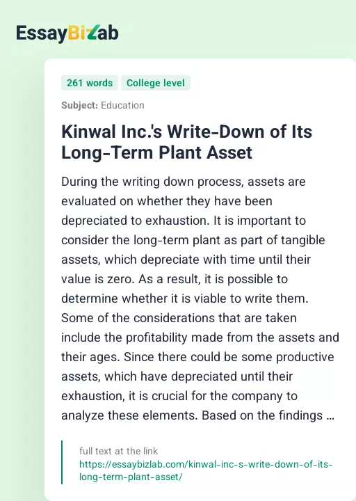Kinwal Inc.'s Write-Down of Its Long-Term Plant Asset - Essay Preview