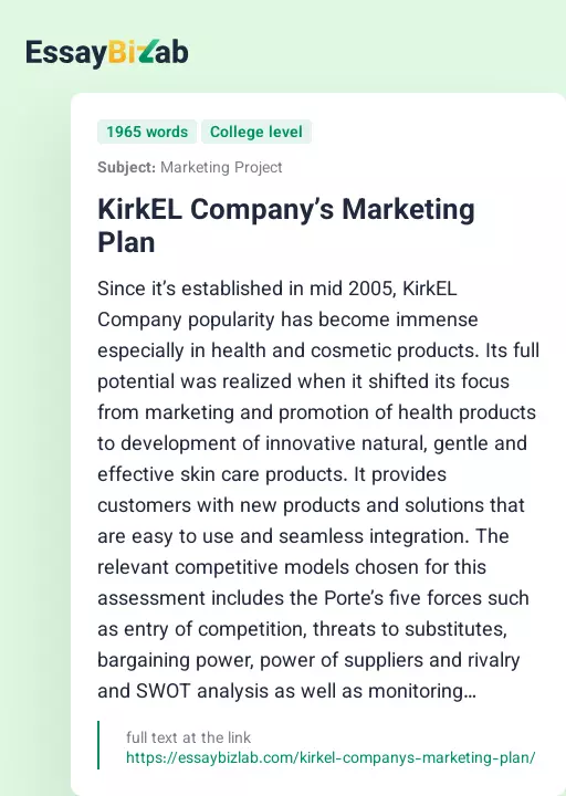 KirkEL Company’s Marketing Plan - Essay Preview
