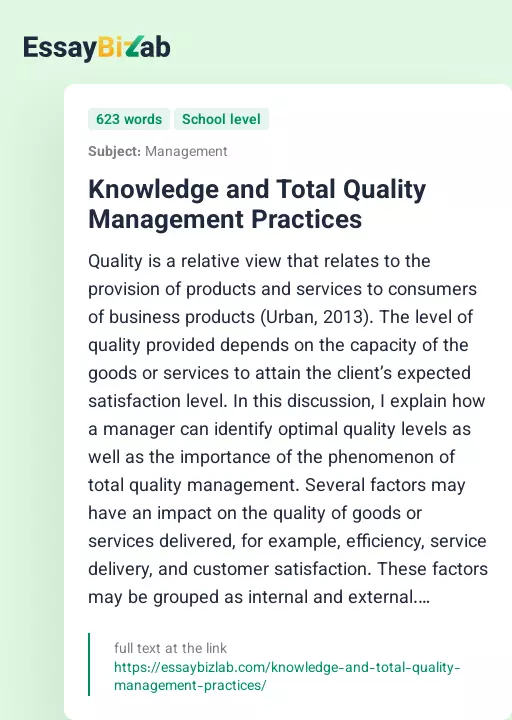 Knowledge and Total Quality Management Practices - Essay Preview