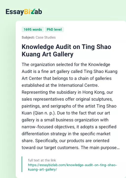 Knowledge Audit on Ting Shao Kuang Art Gallery - Essay Preview