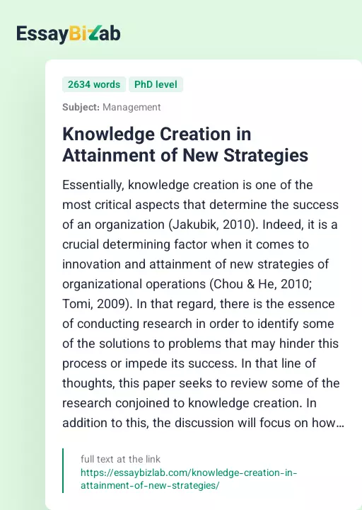 Knowledge Creation in Attainment of New Strategies - Essay Preview