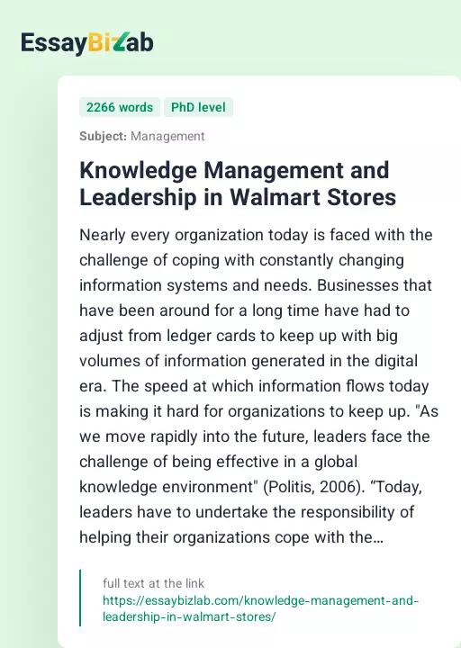 Knowledge Management and Leadership in Walmart Stores - Essay Preview
