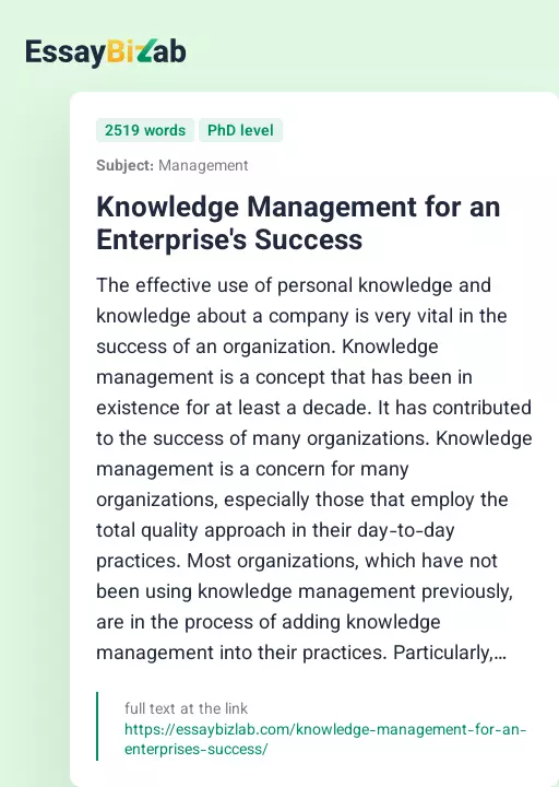 Knowledge Management for an Enterprise's Success - Essay Preview
