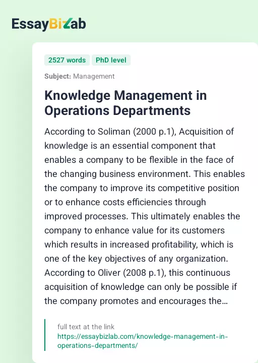 Knowledge Management in Operations Departments - Essay Preview