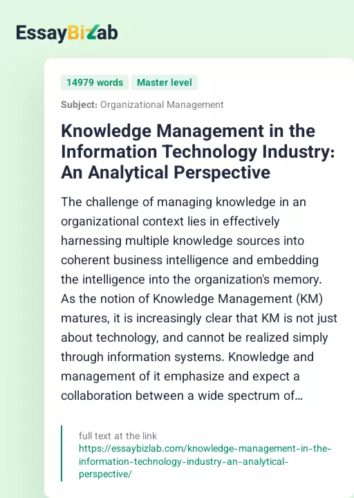 Knowledge Management in the Information Technology Industry: An Analytical Perspective - Essay Preview