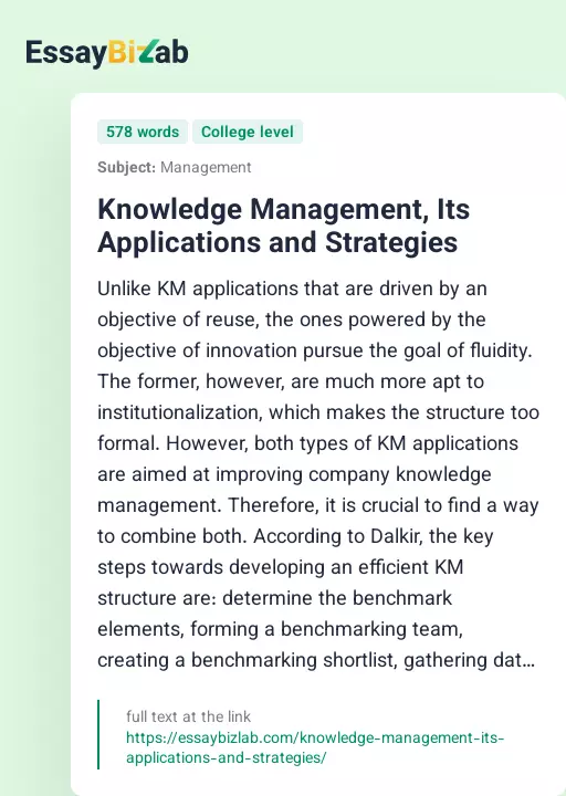 Knowledge Management, Its Applications and Strategies - Essay Preview