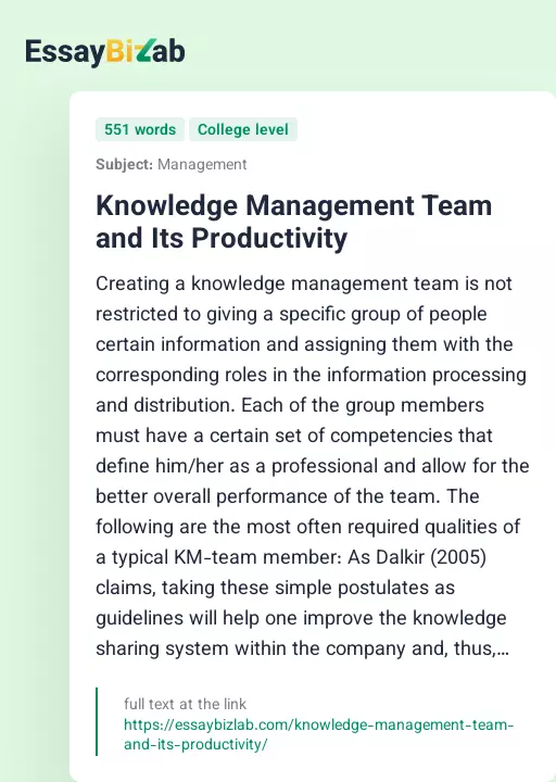 Knowledge Management Team and Its Productivity - Essay Preview