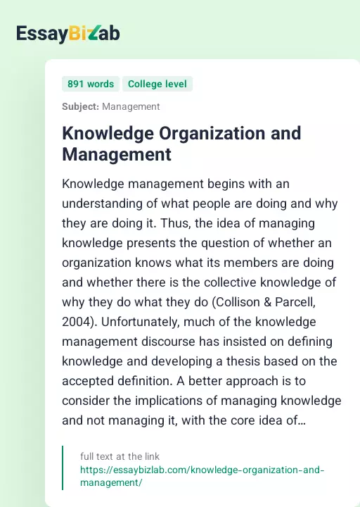 Knowledge Organization and Management - Essay Preview