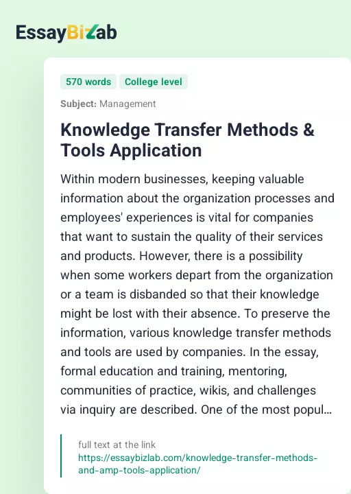 Knowledge Transfer Methods & Tools Application - Essay Preview