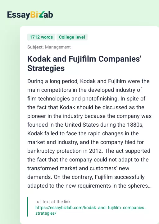 Kodak and Fujifilm Companies’ Strategies - Essay Preview