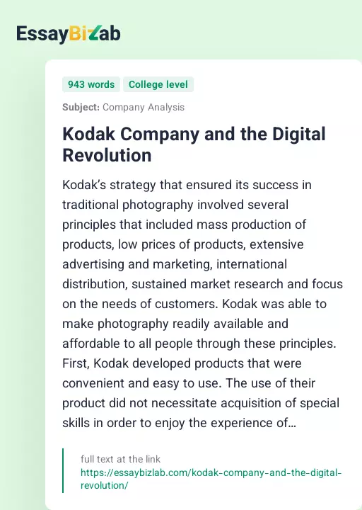 Kodak Company and the Digital Revolution - Essay Preview