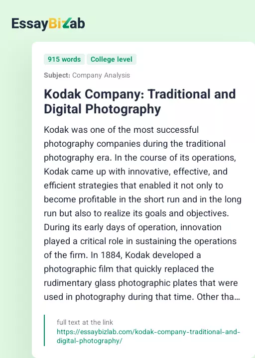 Kodak Company: Traditional and Digital Photography - Essay Preview
