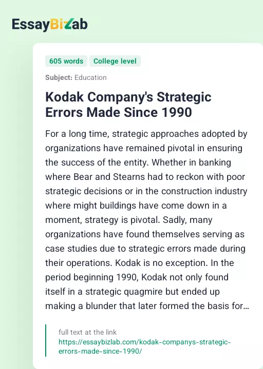 Kodak Company's Strategic Errors Made Since 1990 - Essay Preview