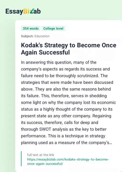 Kodak's Strategy to Become Once Again Successful - Essay Preview