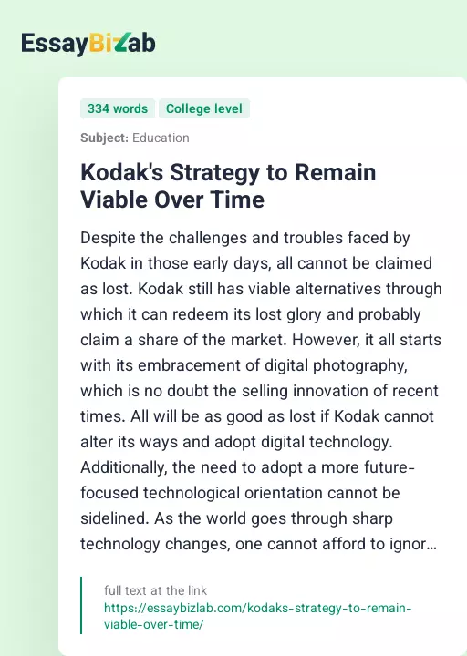 Kodak's Strategy to Remain Viable Over Time - Essay Preview