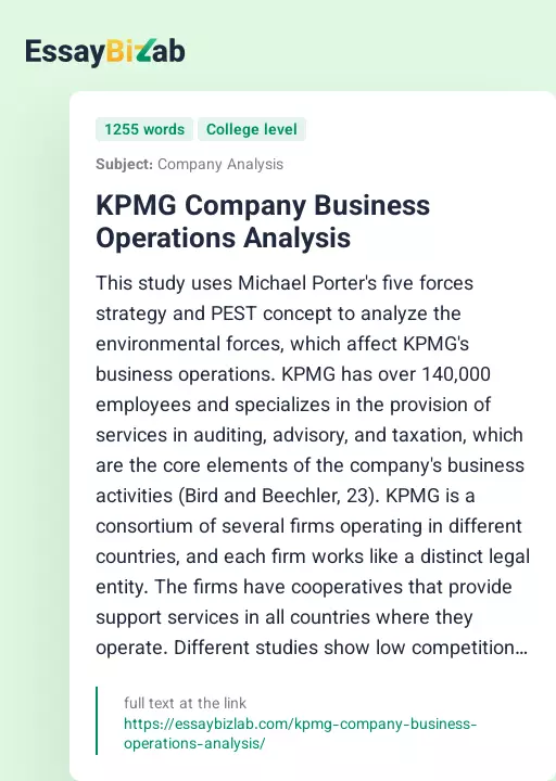 KPMG Company Business Operations Analysis - Essay Preview