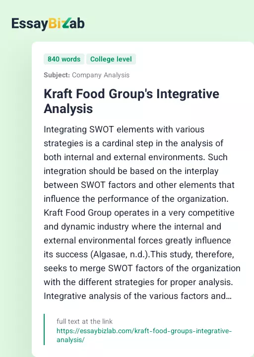 Kraft Food Group's Integrative Analysis - Essay Preview