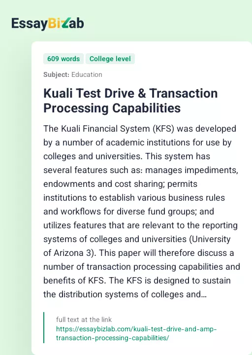 Kuali Test Drive & Transaction Processing Capabilities - Essay Preview