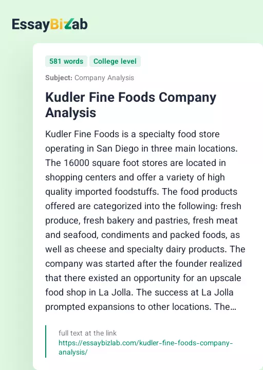 Kudler Fine Foods Company Analysis - Essay Preview