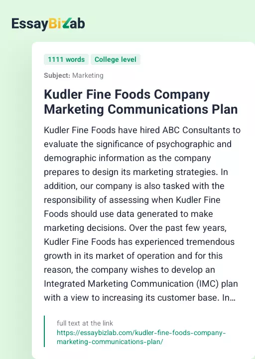 Kudler Fine Foods Company Marketing Communications Plan - Essay Preview