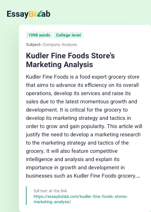Kudler Fine Foods Store's Marketing Analysis - Essay Preview