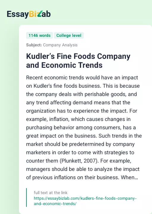 Kudler’s Fine Foods Company and Economic Trends - Essay Preview