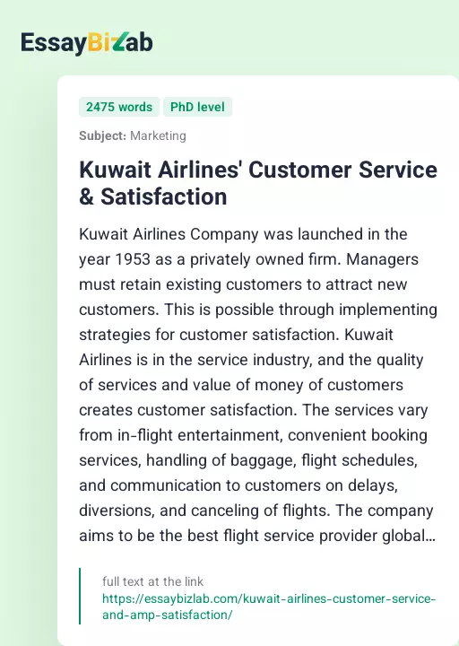Kuwait Airlines' Customer Service & Satisfaction - Essay Preview