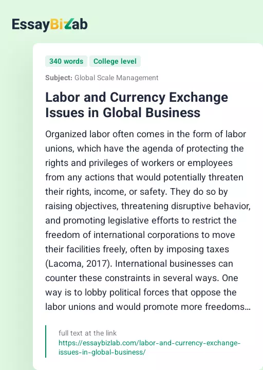 Labor and Currency Exchange Issues in Global Business - Essay Preview