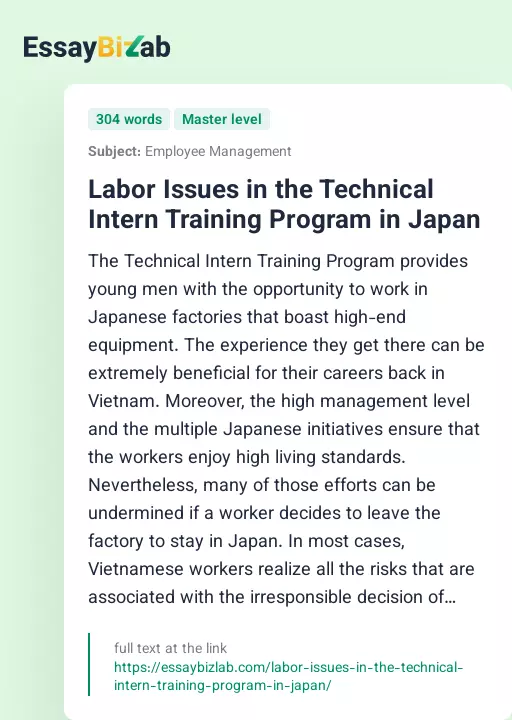 Labor Issues in the Technical Intern Training Program in Japan - Essay Preview