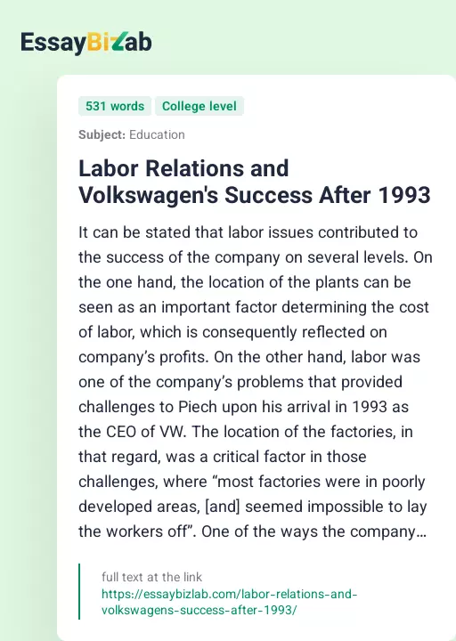 Labor Relations and Volkswagen's Success After 1993 - Essay Preview