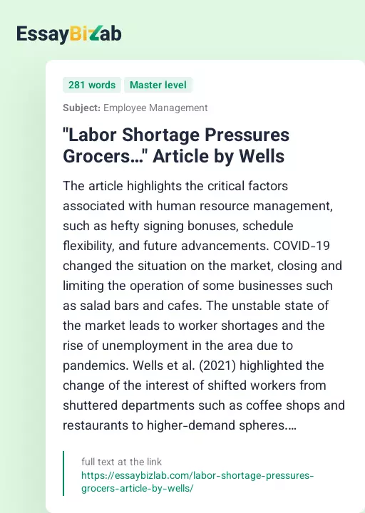 "Labor Shortage Pressures Grocers…" Article by Wells - Essay Preview