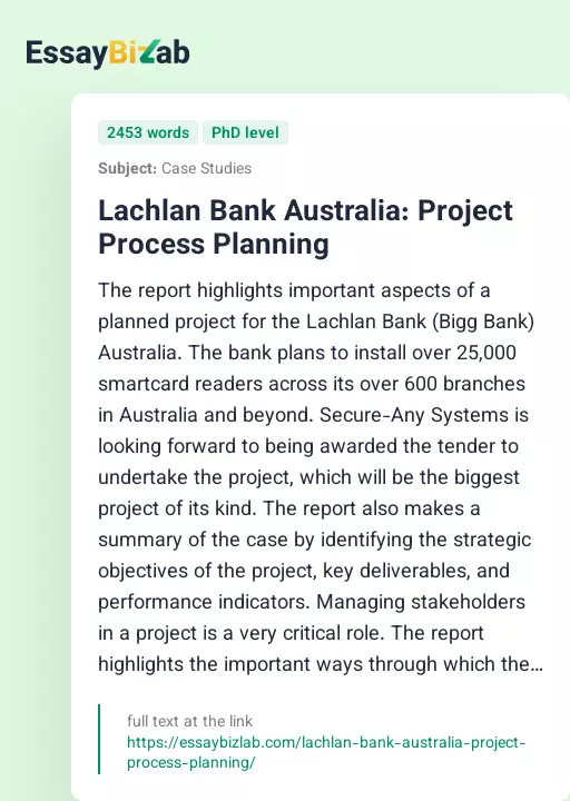 Lachlan Bank Australia: Project Process Planning - Essay Preview