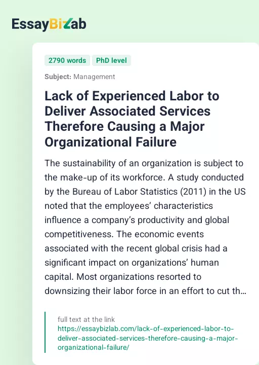 Lack of Experienced Labor to Deliver Associated Services Therefore Causing a Major Organizational Failure - Essay Preview