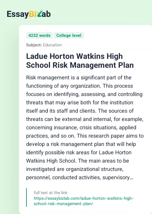 Ladue Horton Watkins High School Risk Management Plan - Essay Preview