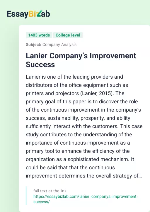 Lanier Company’s Improvement Success - Essay Preview