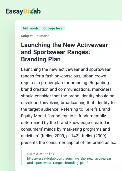 Launching the New Activewear and Sportswear Ranges: Branding Plan - Essay Preview