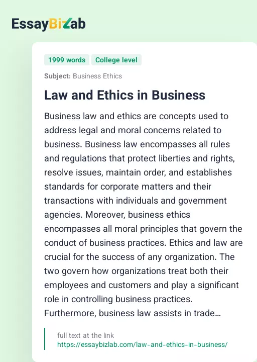 Law and Ethics in Business - Essay Preview