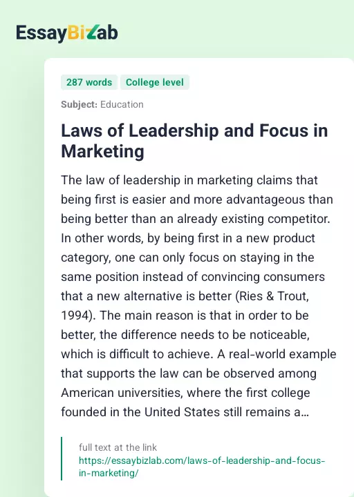 Laws of Leadership and Focus in Marketing - Essay Preview