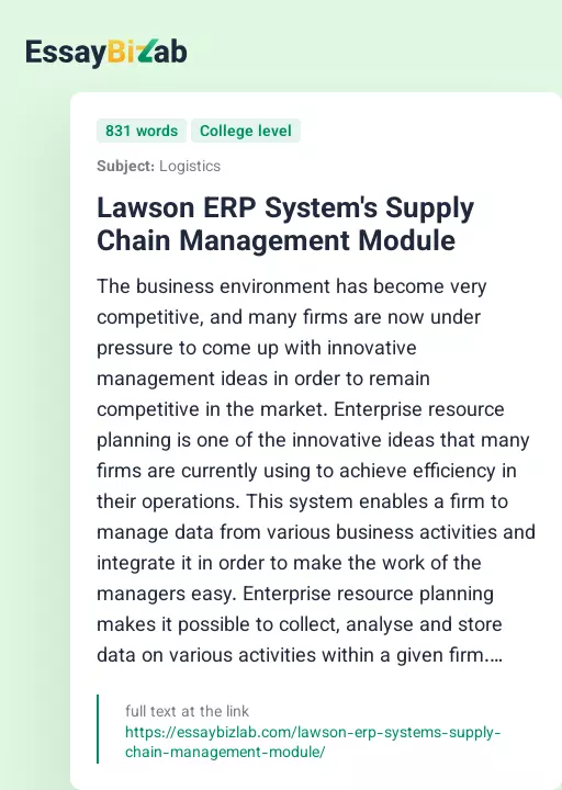 Lawson ERP System's Supply Chain Management Module - Essay Preview