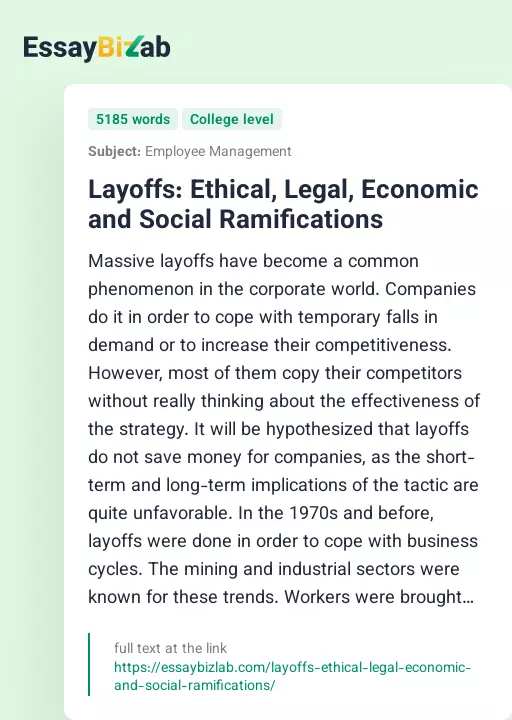 Layoffs: Ethical, Legal, Economic and Social Ramifications - Essay Preview