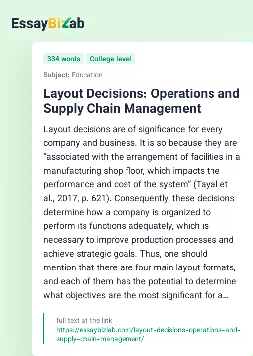 Layout Decisions: Operations and Supply Chain Management - Essay Preview