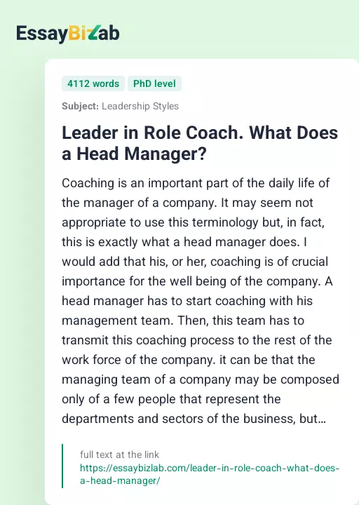 Leader in Role Coach. What Does a Head Manager? - Essay Preview