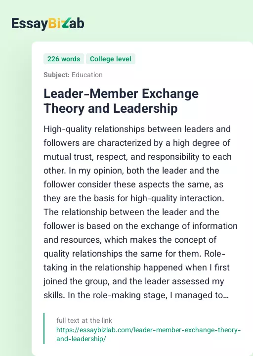 Leader-Member Exchange Theory and Leadership - Essay Preview